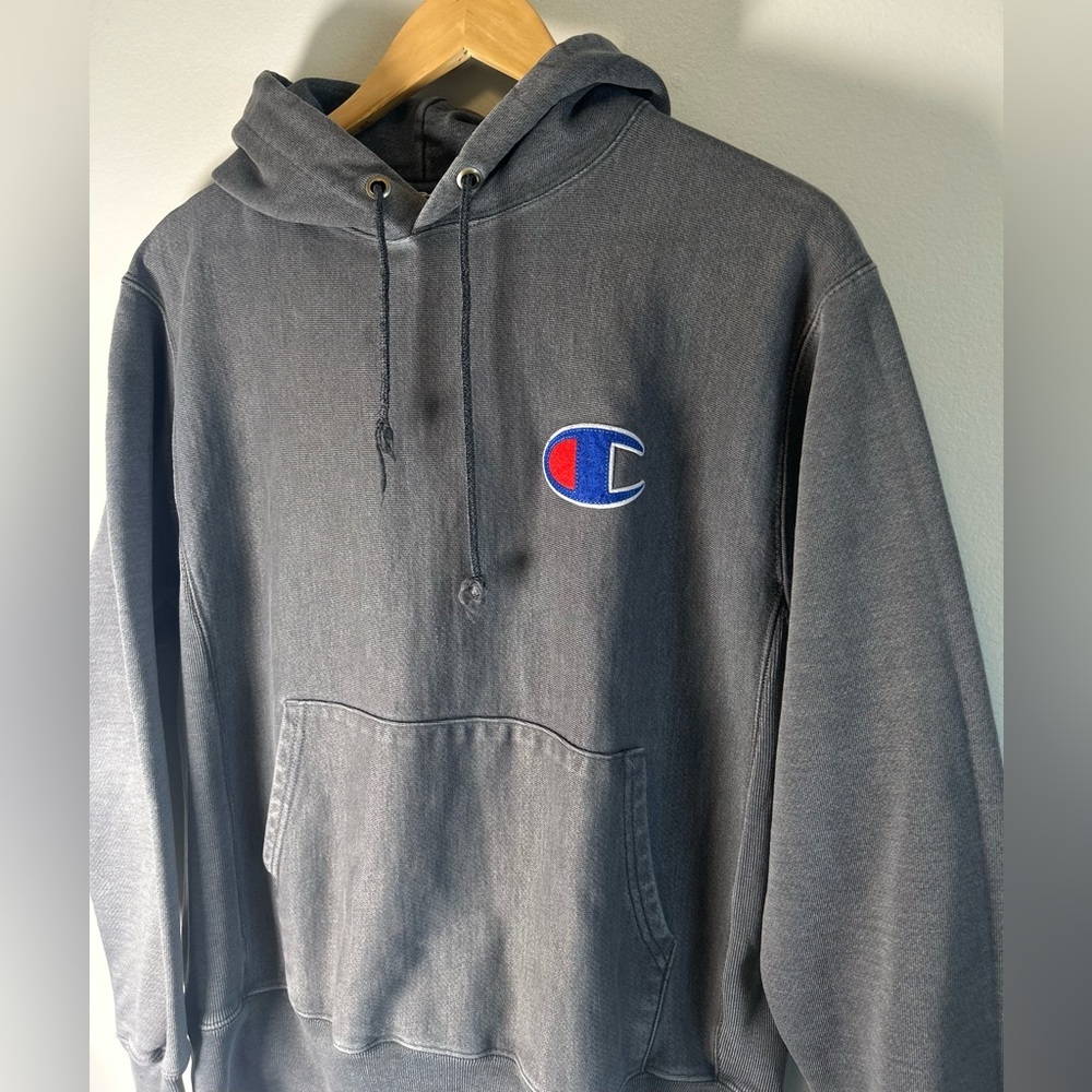 Vintage Champion Reverse Weave Mens Hoodie Dark Gray Sweatshirt Big Logo Size M - Picture 3 of 8